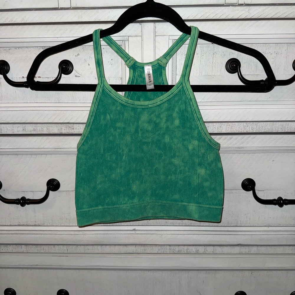 Zenana Green Ribbed Racerback Cropped Tank